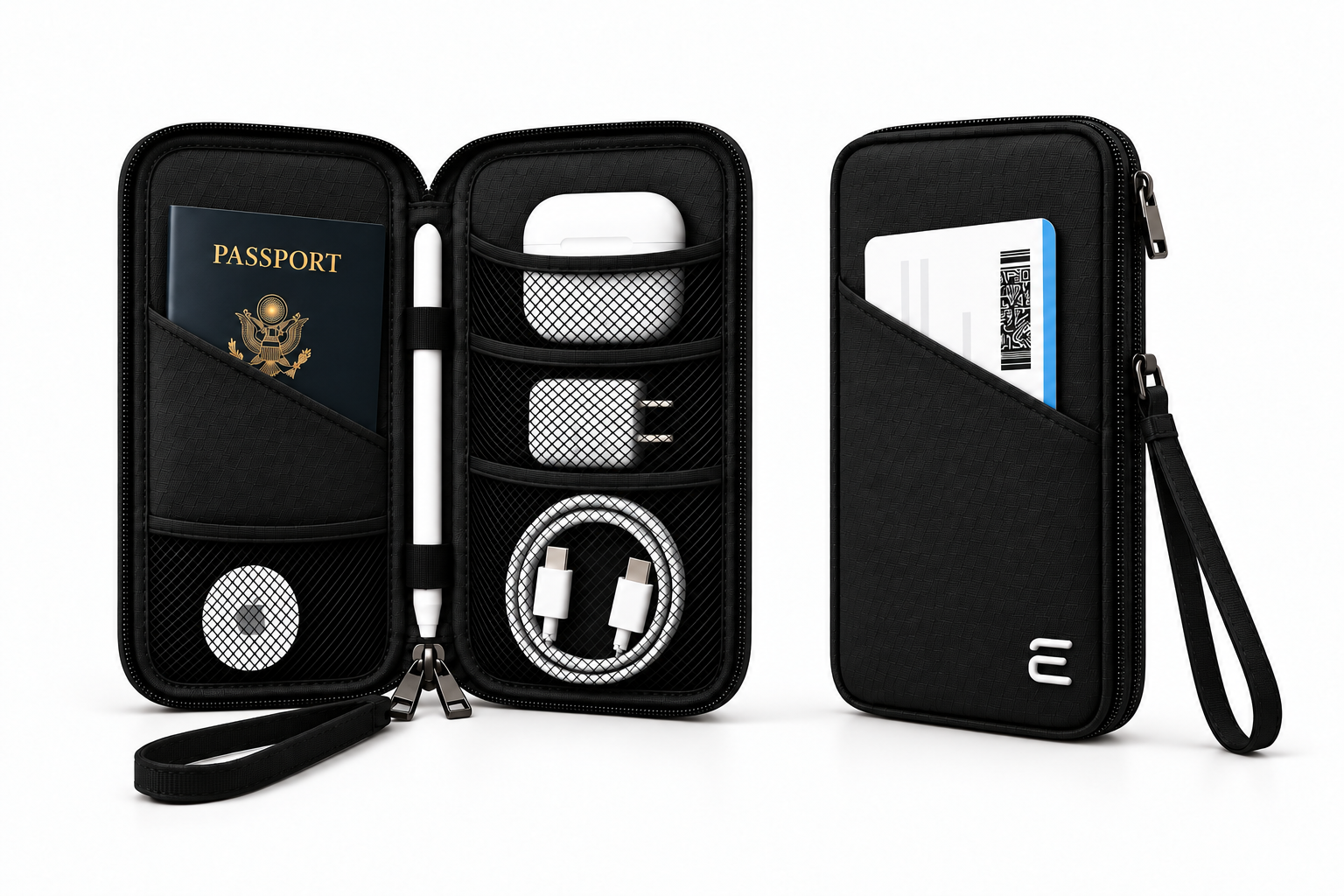 Slim black travel case shown open and closed on a white background, with the signature white E emblem