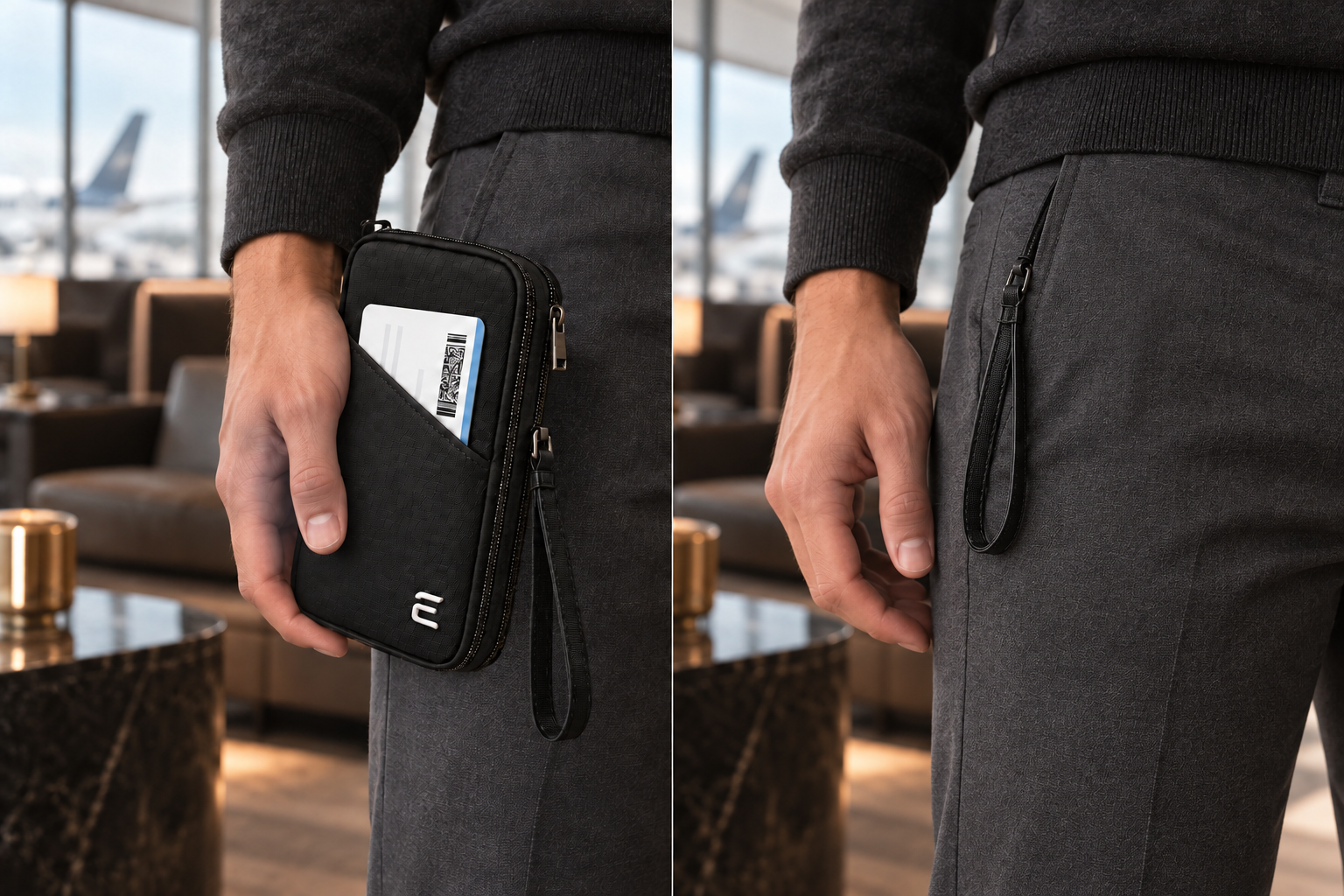 Case concealed in a traveler's trouser pocket with only the wrist strap visible