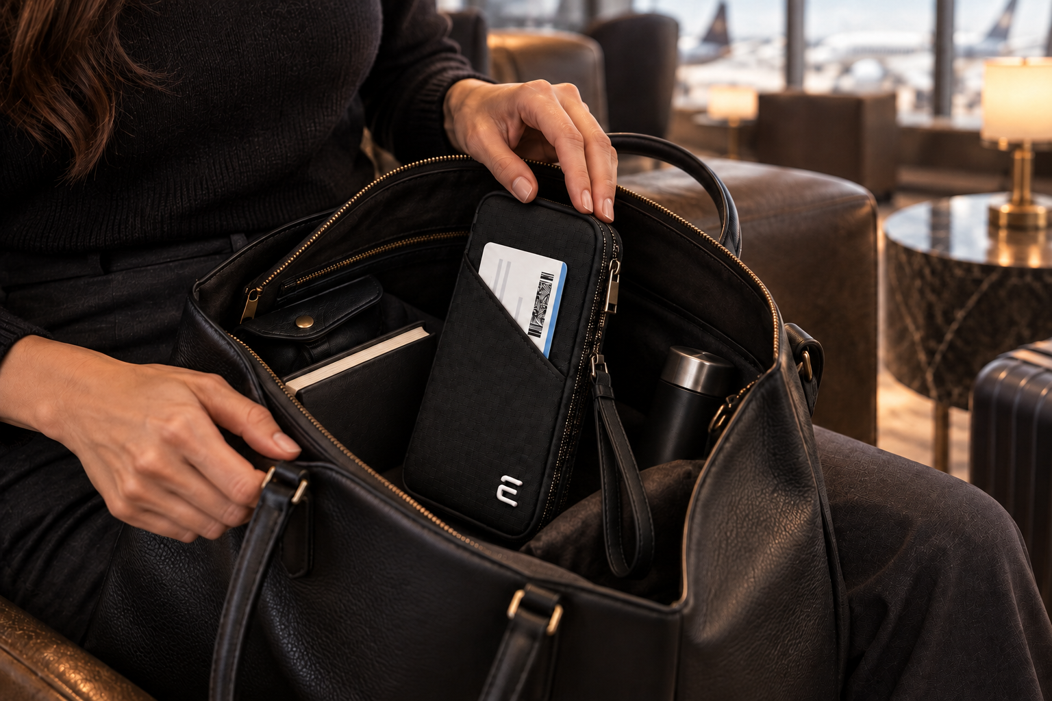 Slim black case with white E nestled inside a woman's open black purse
